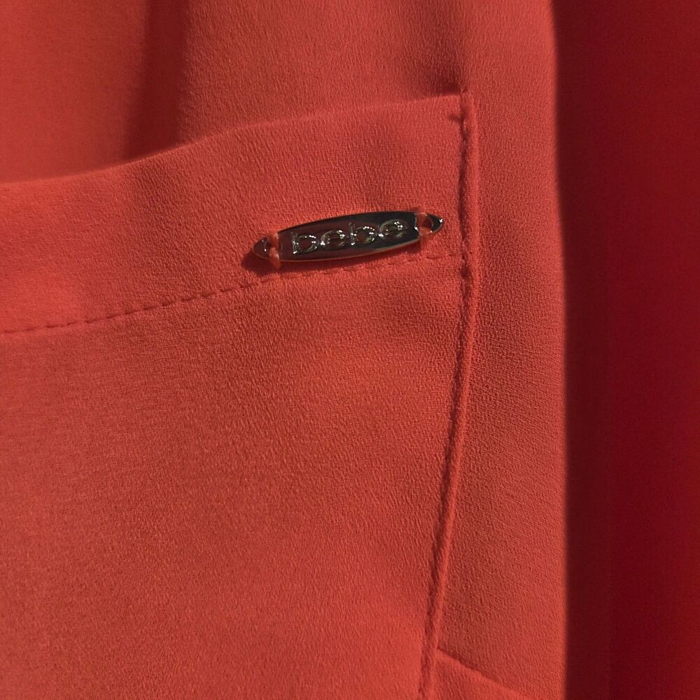 Bebe Blouse Womens M Fiery Coral Lace Yoke Zip Front Roll Tab Neon Y2K Club Top - Picture 3 of 11